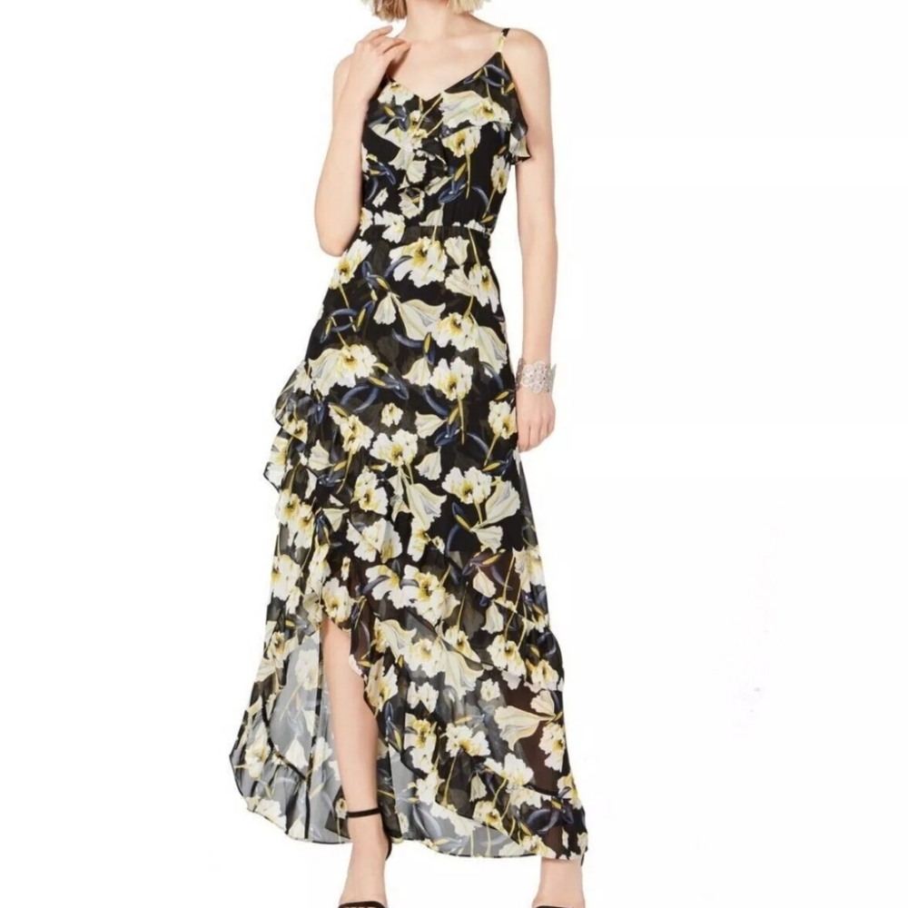 New INC Blooming Begoni Floral Ruffled High Low Maxi Dress